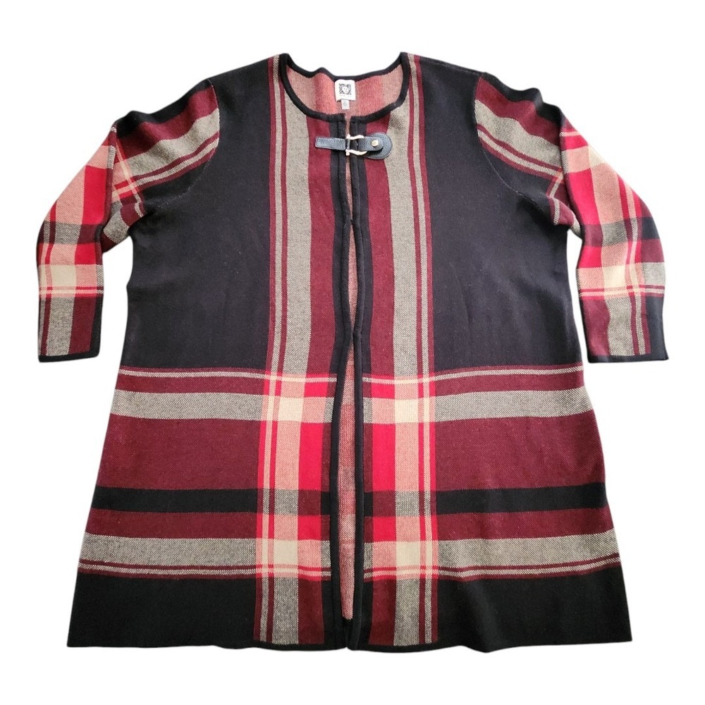 Anne Klein Womens Size 2X Longline Fire Red Multi Cardigan EUC Plaid Preppy